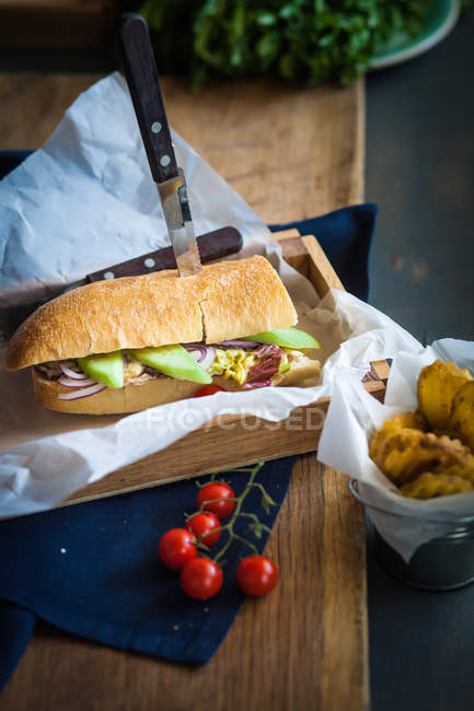 Gourmet Cheeseburger with potato fries wrapped in paper — Stock Photo