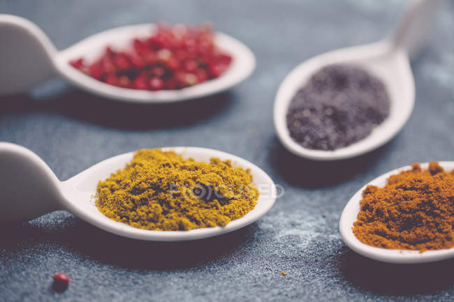 Closeup view of porcelain spoons with spices — Stock Photo