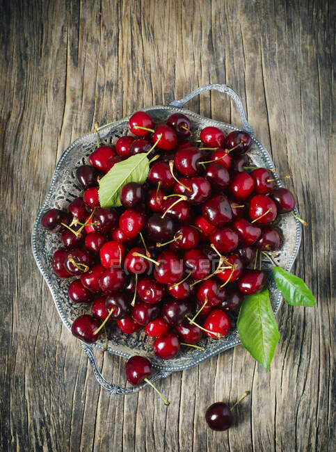Overhead view of cherries on a pewter dish — Stock Photo