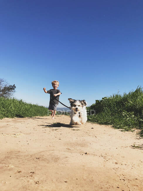 Niño corriendo con su perro cachorro en el parque, Condado de Orange, California, Estados Unidos - foto de stock