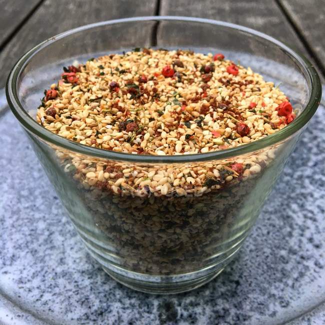 Closeup view of bowl of Zahtar seasoning — Stock Photo
