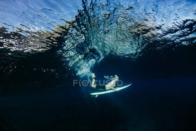 Uomo che nuota sott'acqua su una barriera corallina poco profonda, Kalapana, West Puna, Hawai-i, America, USA — Foto stock