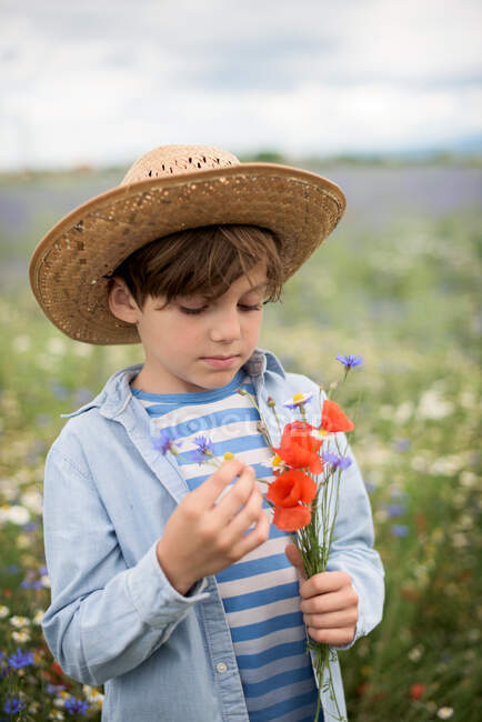 Хлопчик стоїть на полі з квітами, що тримають купу квітів — стокове фото
