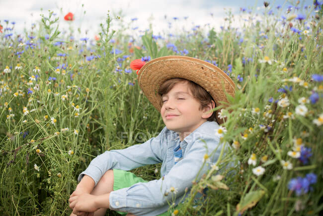 Rapaz sorridente sentado num campo de flores silvestres — Fotografia de Stock
