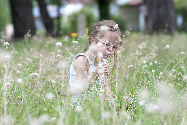 Menina sentada em um prado soprando flores — Fotografia de Stock