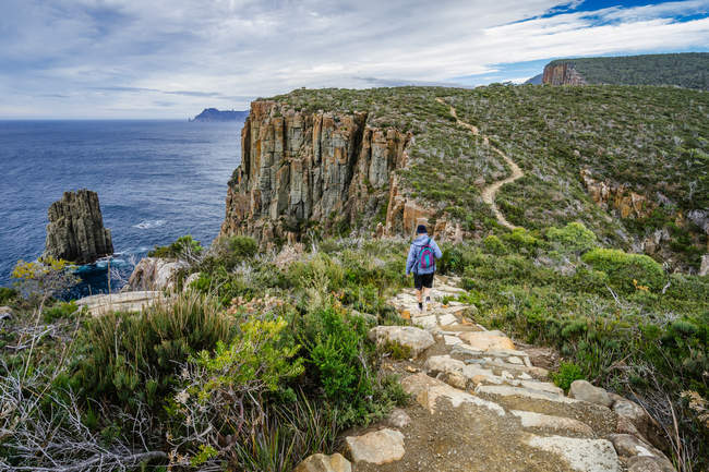 Escursioni dell'uomo verso Fortescue Bay, Capo Hauy, Tasmania, Australia — Foto stock