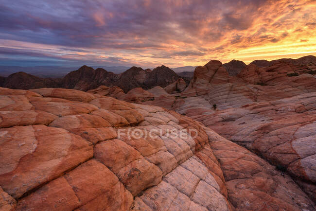 Desert rocks under dramatic clouds in sunset sky — Stock Photo