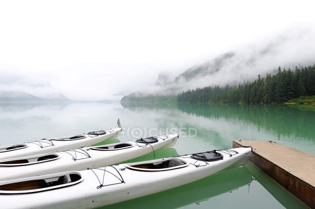 Kayaks and a wooden jetty in an inlet with mountains and mist in the background, near Haines, Alaska, US — Stock Photo