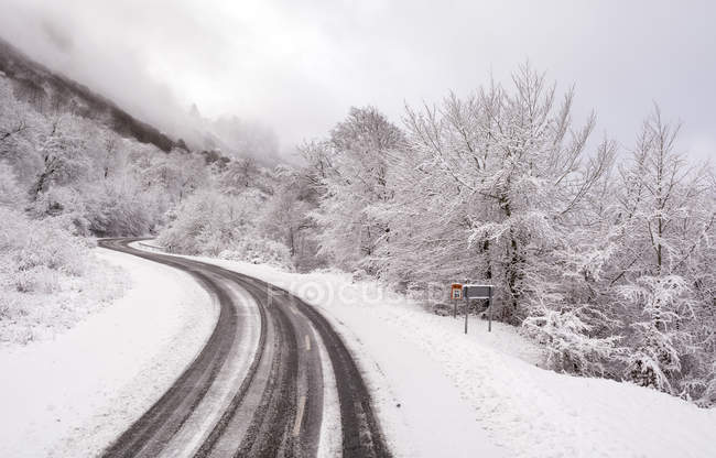 Vista panorâmica da Estrada para Puerto Usaide através da paisagem nevada, Lizarraga, Navarra, Espanha — Fotografia de Stock