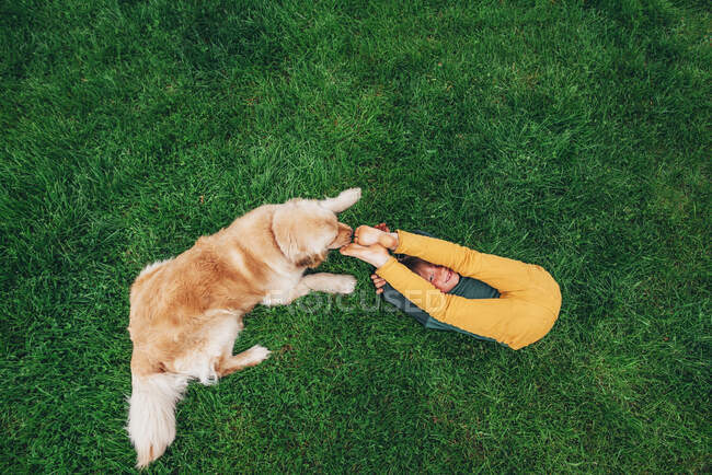 Overhead view of a boy lying on the grass playing with his golden retriever dog — Stock Photo