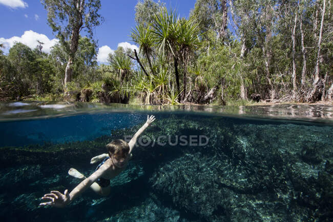 Мальчик плавает естественной весной, Западная Австралия, Австралия — стоковое фото