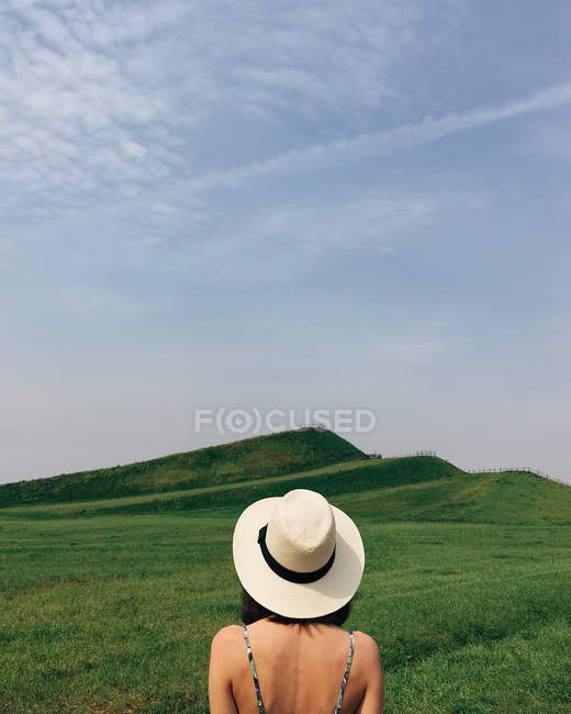 Veduta posteriore di una donna che indossa un cappello di paglia in piedi in un paesaggio rurale, Minsk, Bielorussia — Foto stock