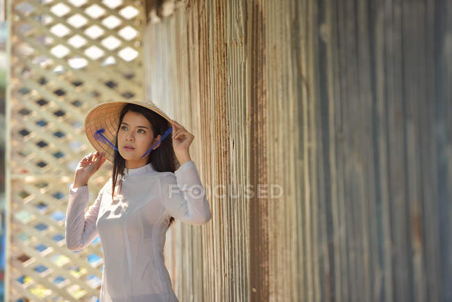 Portrait d'une femme portant un chapeau conique traditionnel, Vietnam — Photo de stock