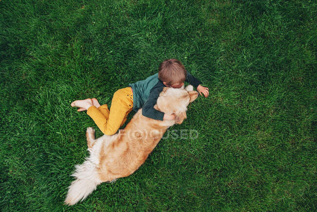 Overhead view of a boy lying on grass hugging his golden retriever dog — Stock Photo