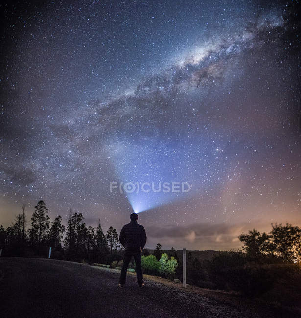 Vista trasera del hombre de pie en el camino y mirando al cielo nocturno - foto de stock