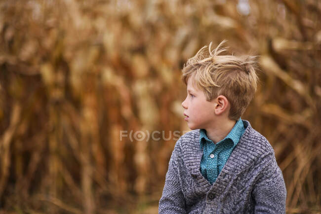 Jeune garçon jouant devant un champ de maïs — Photo de stock