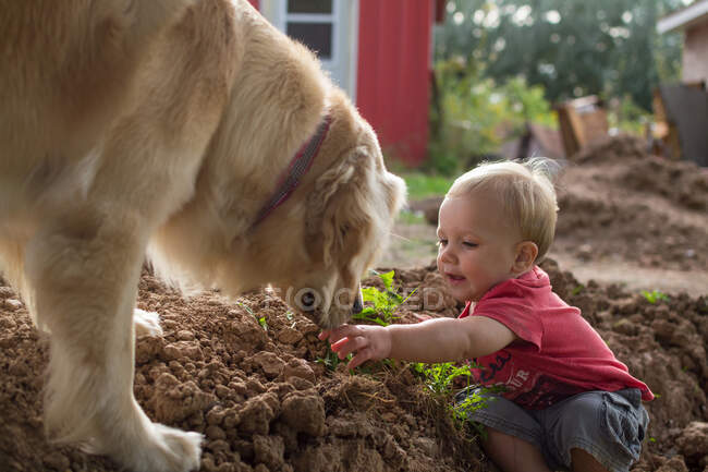 Молодий малюк грає в бруді з собакою — стокове фото