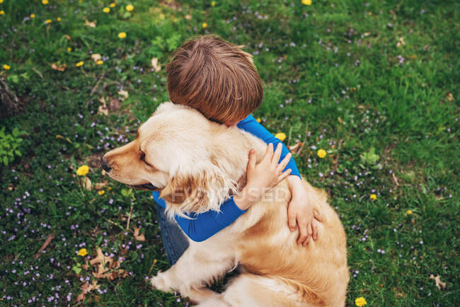 Young boy playing with golden retriever dog outside in the grass — Stock Photo
