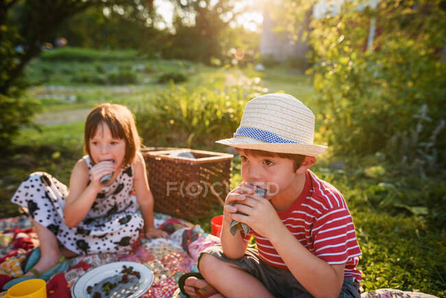Two young children having a picnic in the evening — Stock Photo