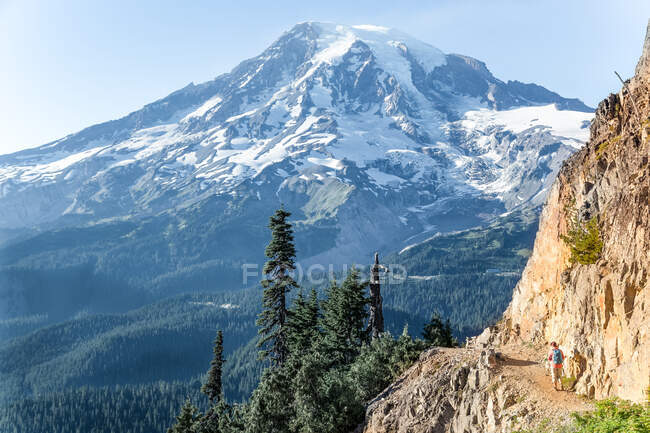 View of snowy mountains with greenery in sunlight — Stock Photo