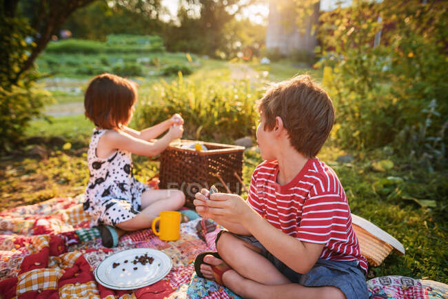 Zwei kleine Kinder beim Picknick am Abend — Stockfoto