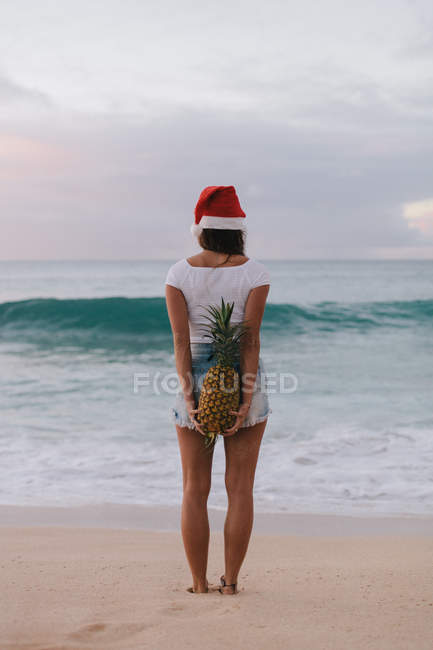 Donna che indossa un cappello di Babbo Natale in piedi sulla spiaggia con un ananas alle spalle, Haleiwa, Hawaii, America, Stati Uniti — Foto stock