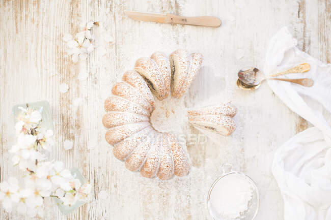 Hausgemachter Kuchen mit Puderzucker auf weißem Hintergrund — Stockfoto