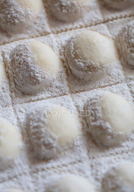 Raw dough dumplings sprinkled with flour — Stock Photo