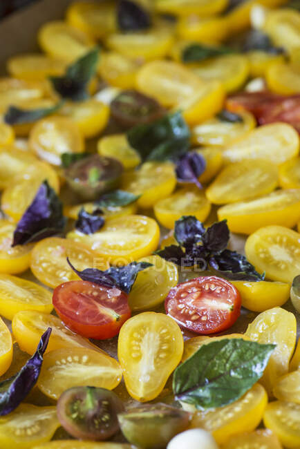 Mistura colorida de diferentes tipos de tomates cortados pela metade — Fotografia de Stock
