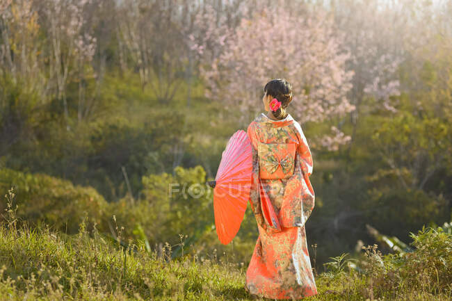 Mujer asiática usando kimono japonés tradicional, Japón sakura, Japón kimono - foto de stock