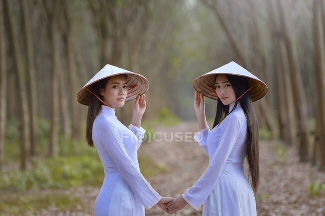 Mulher bonita com cultura Vietnã vestido tradicional, traje tradicional, estilo vintage, Vietnã — Fotografia de Stock
