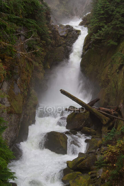 Waterfall surrounded with green mossy rocks — Stock Photo