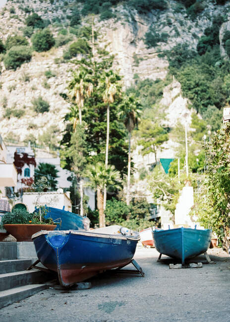 Barcos velhos na rua com vegetação no fundo — Fotografia de Stock