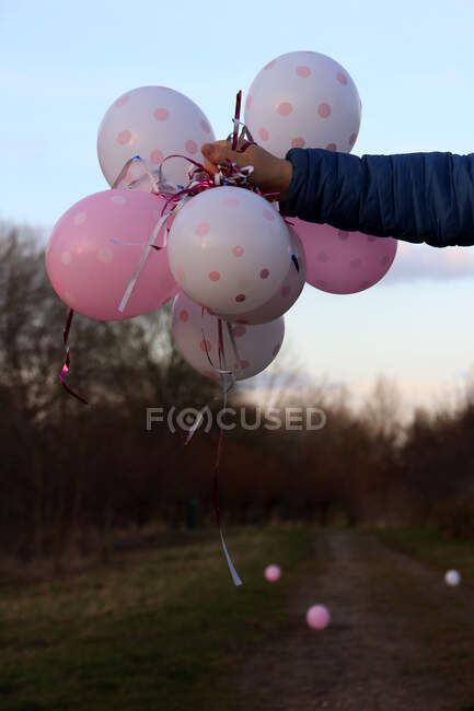 Mann steht in einem Garten mit einem Bündel Luftballons — Stockfoto