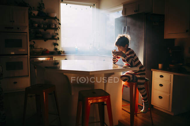 Menino sentado na cozinha comendo seu café da manhã na luz da manhã — Fotografia de Stock