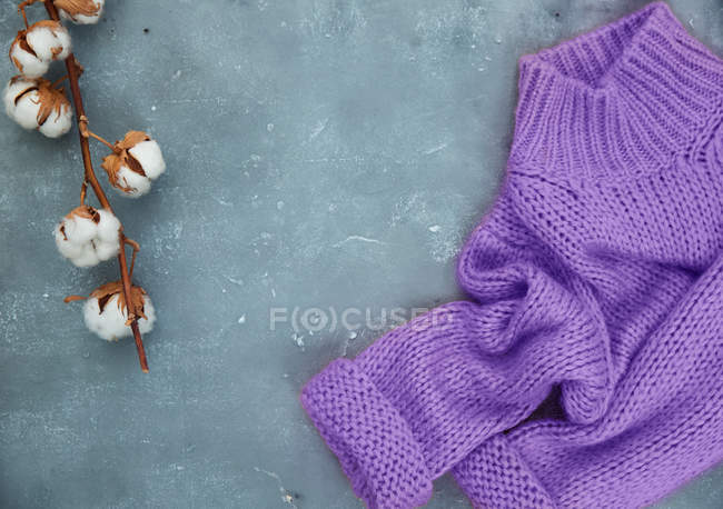 Вид сверху на цветы из хлопка и вязаный свитер — стоковое фото