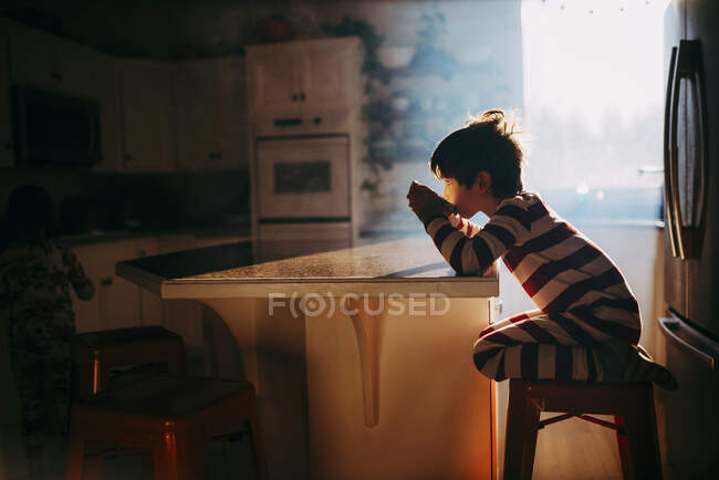 Boy sitting in kitchen eating his breakfast in morning light — Stock Photo