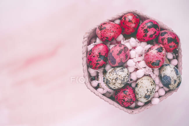 Basket filled with colored quail eggs — Stock Photo
