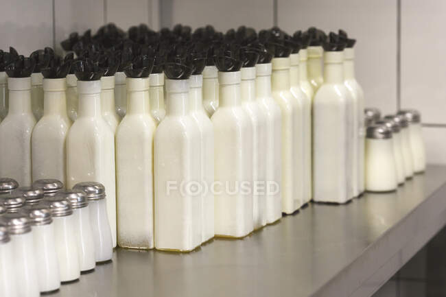 Garrafas de óleo de oliva cerâmica com potes de sal e pimenta — Fotografia de Stock
