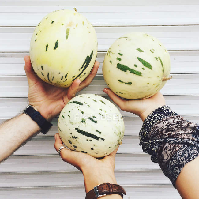 Tre mani che tengono meloni — Foto stock