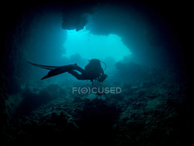 Mujer nadando a través de una cueva submarina, Koror, Palau - foto de stock