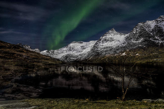 Scenic view of Northern lights over mountains, Lofoten, Nordland, Norway — Stock Photo
