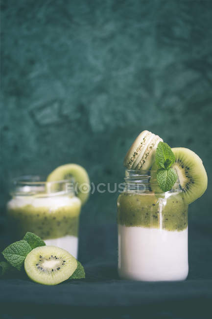 Zwei Töpfe Naturjoghurt mit Kiwi und frischer Minze — Stockfoto