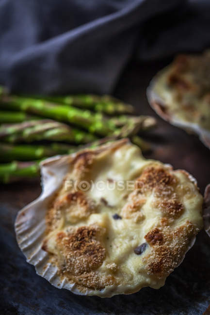 Mussel gratin in scallop shells — Stock Photo
