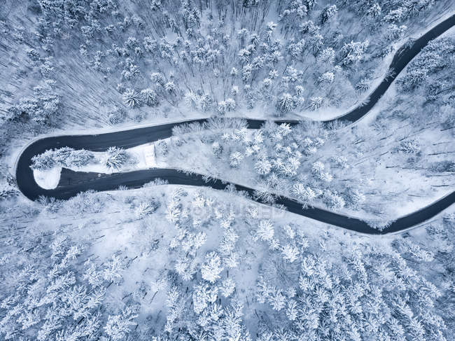 Aerial view of a road through winter landscape, Gaisberg, Salzburg, Austria — Stock Photo