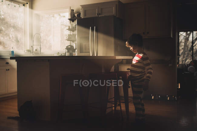 Menino de pé na cozinha na luz da manhã olhando para seu gato — Fotografia de Stock