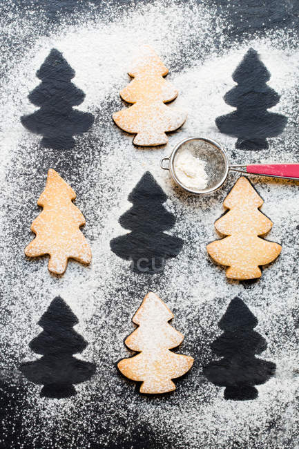 Biscuits en forme d'arbre de Noël, vue de dessus — Photo de stock