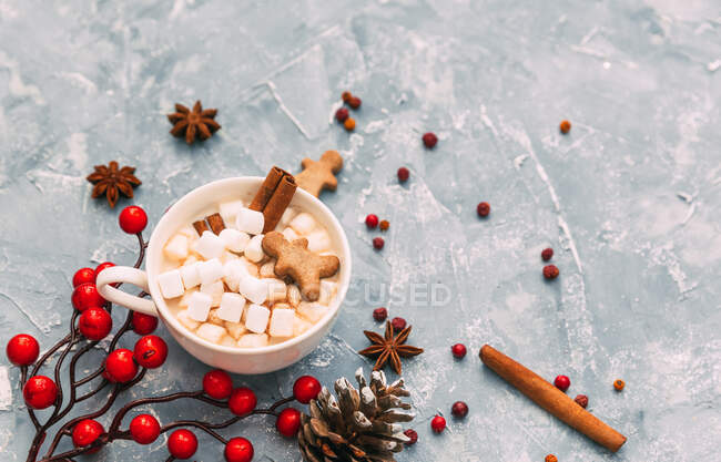 Новорічна композиція зі смачним напоєм з какао з декором на столі — стокове фото