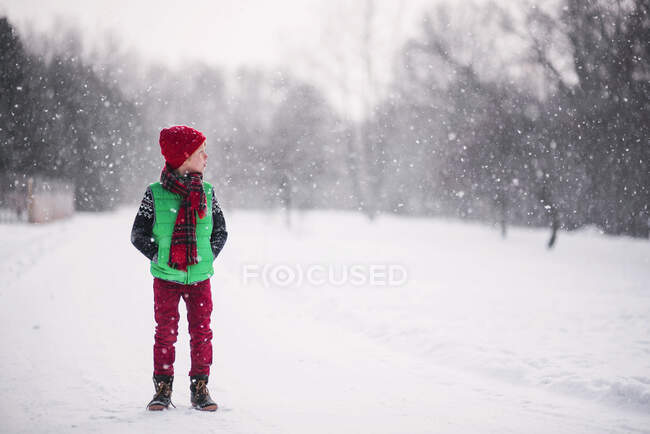 Мальчик стоит в снегу в зимний день — стоковое фото