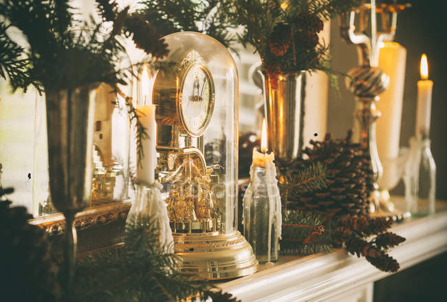 Mantelpiece with Christmas decor. Vintage toned shoot — Stock Photo